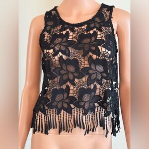 Crochet Sleeveless Top Fringe Festival Beach Hippie Witchy Whimsical Size Small